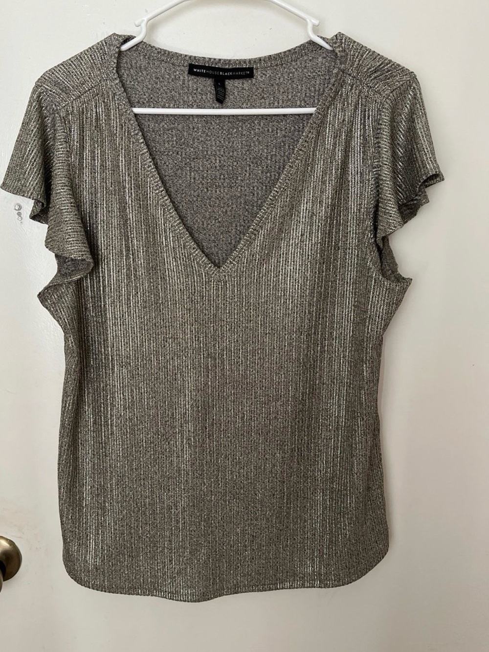 White House Black Market Metallic Silver V-Neck Ruffle Sleeve Top